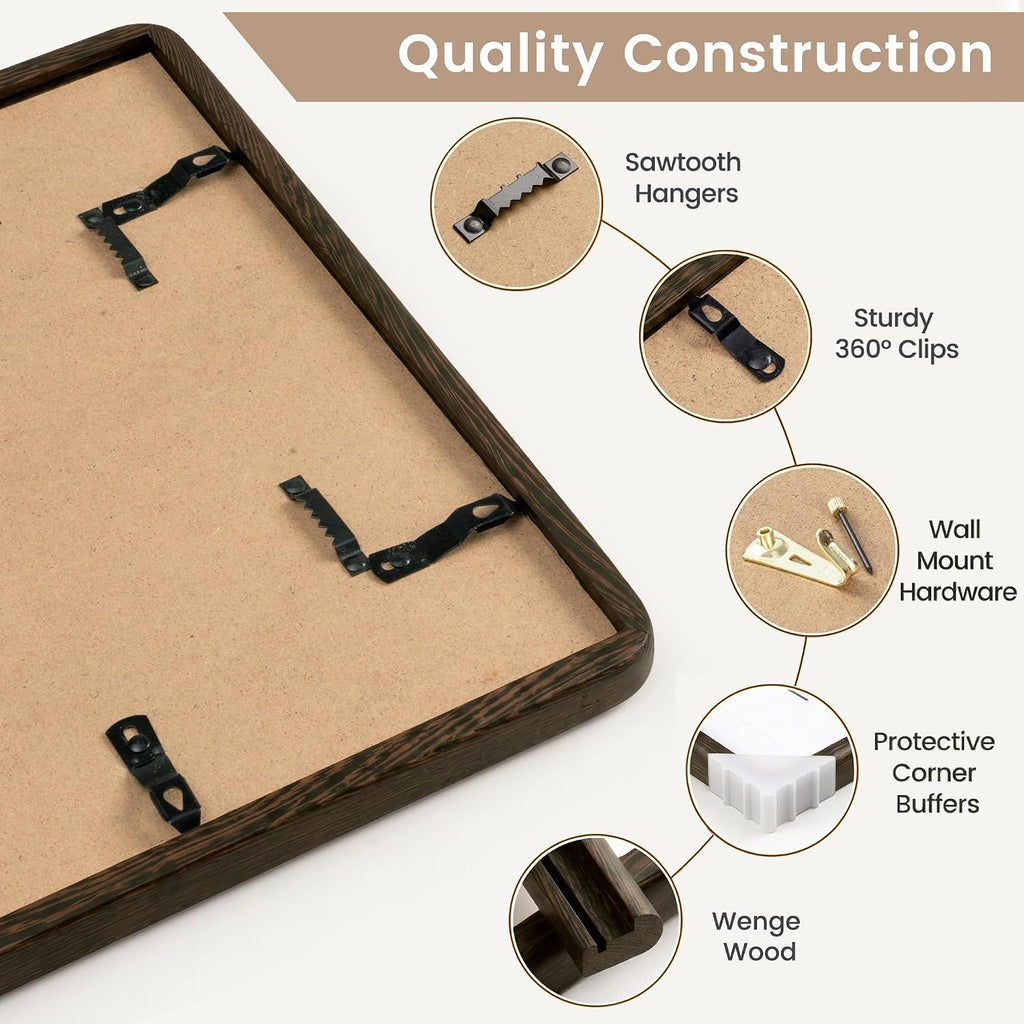 11x14 Picture Frame, Natural Solid Wenge Wood Photo Collage Frame with HD Tempered Glass, Rounded Corner Wooden Frame