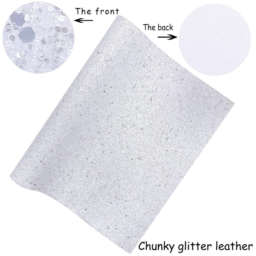 Sparkly Pearl White Chunky Glitter Faux Leather Roll, Shiny Solid Color Winter Fabric Material for Bows Crafts