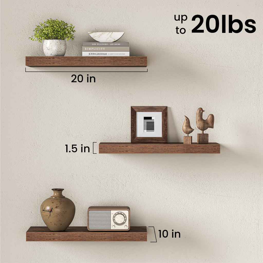 10" Deep Floating Shelves with Invisible Brackets, 20" Wall Shelves Bedroom Living Room, Modern Rustic Shelves Decor