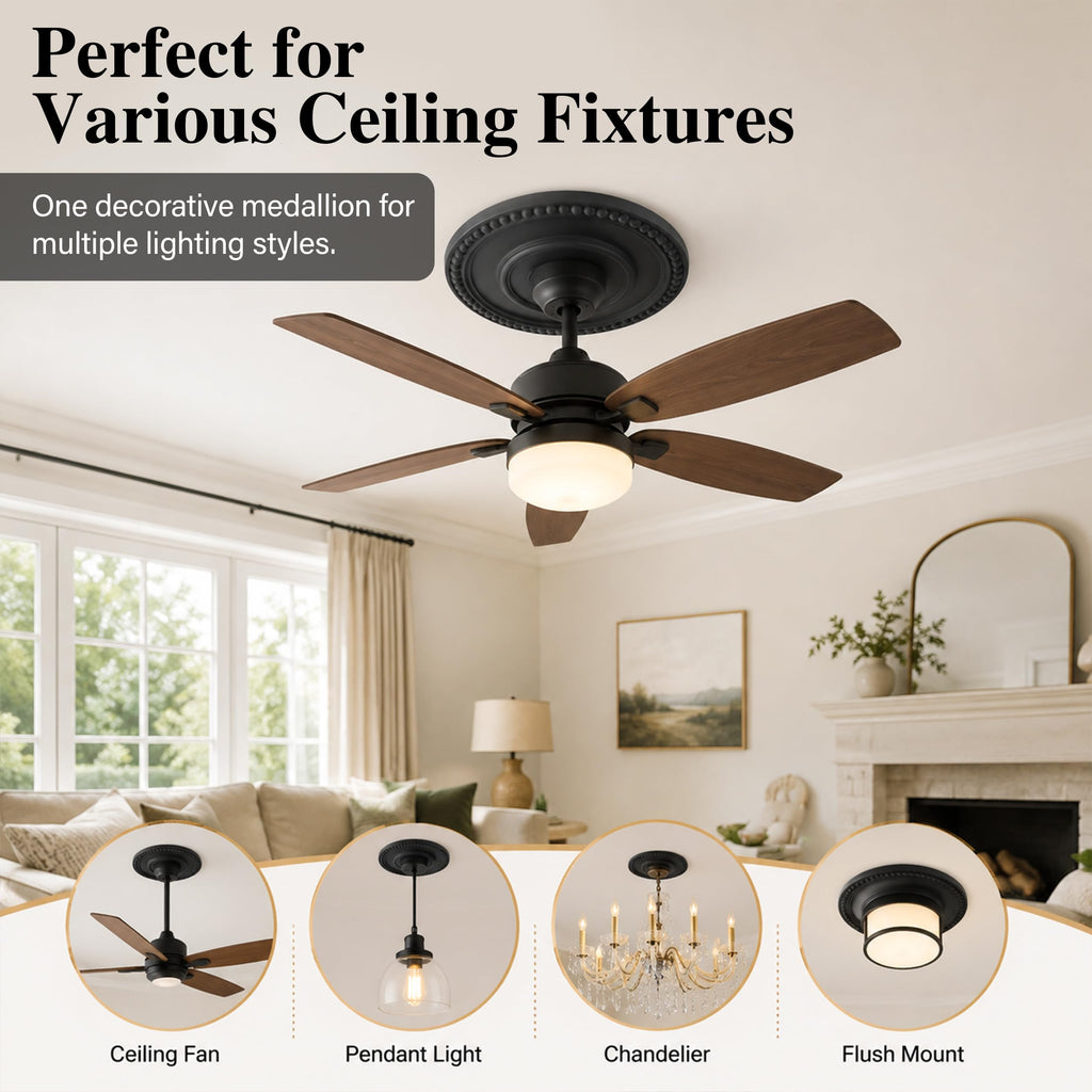 12 Inch OD x 4inch ID Black Ceiling Medallion Plate - PU Plastic Decorative Cover for Fan, Light Fixtures, Chandelier