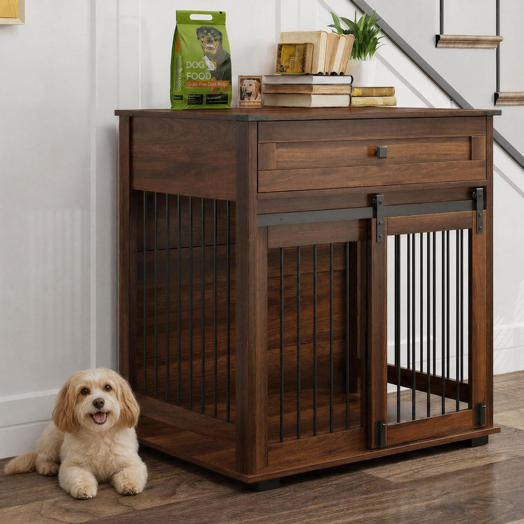 Wooden Dog Crate Furniture with Sliding Barn Door & Drawer, Walnut