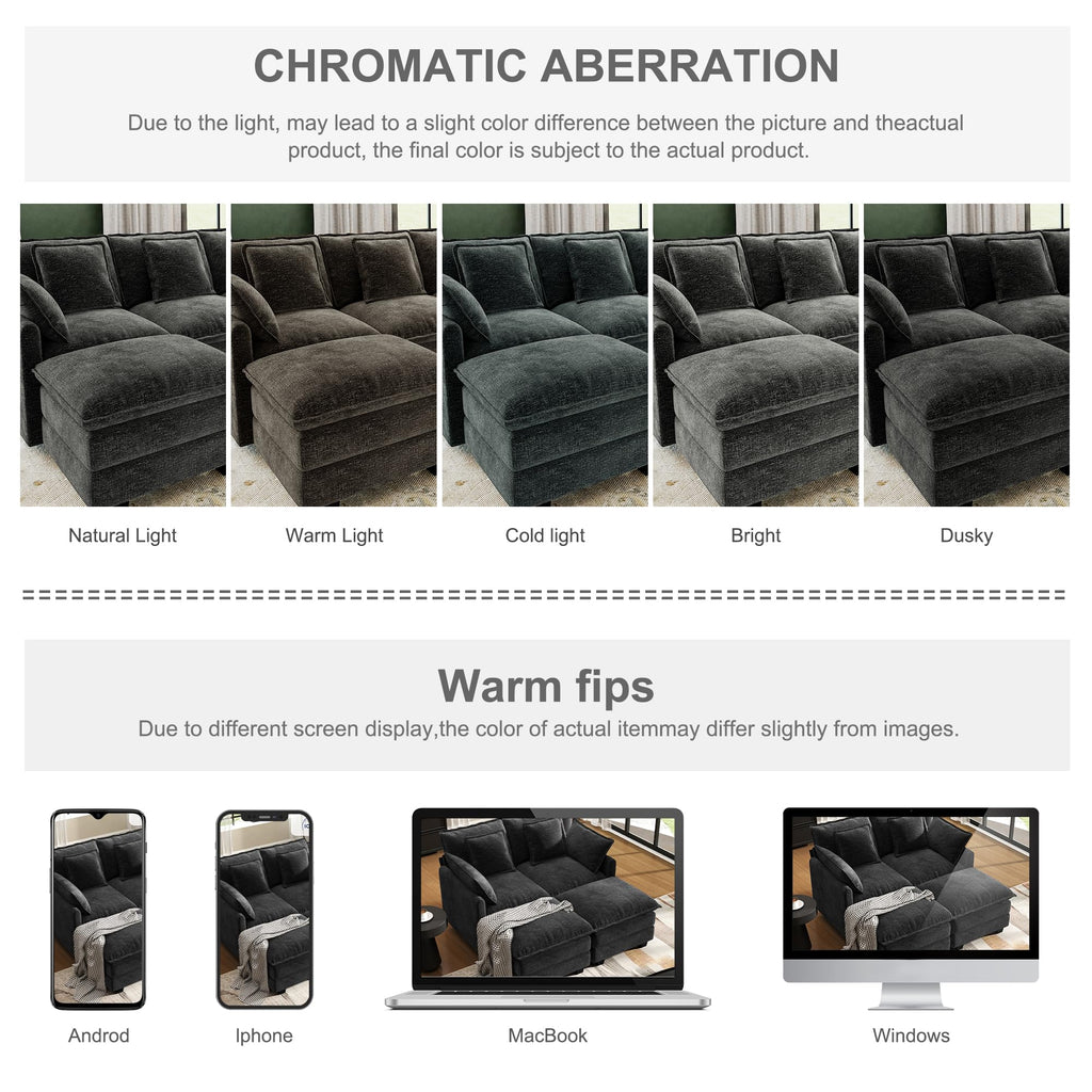 58" Cloud Couch Sectional Modular Sofa, Deep Seat Couches with Ottoman and Removable Washable Pillows, Black