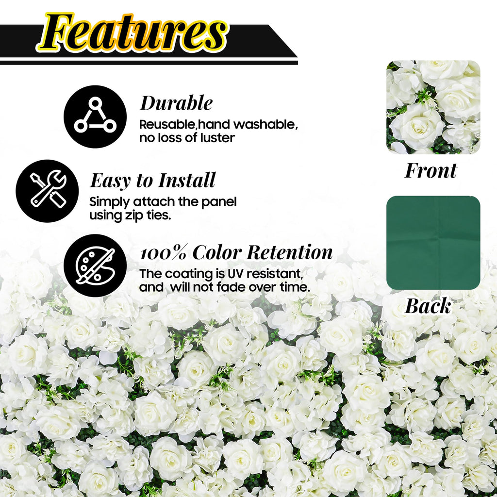 Artificial Flower Wall Backdrop 12-Pack 16"* 24" White Rose Artificial Floral Panels Spring Wedding Home Valentine's