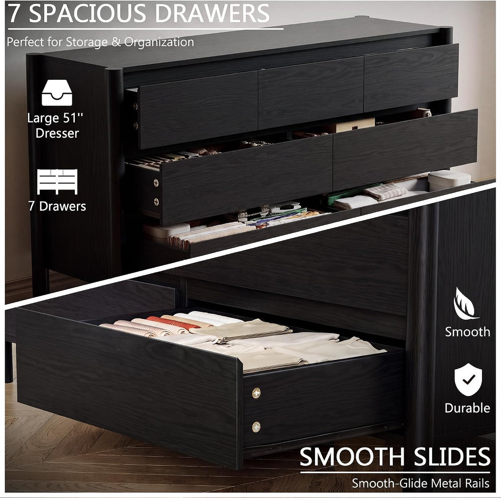 51" Wide 7-Drawer Dresser , Mid-Century Modern Chest with Solid Wood Legs, Concealed Handle,Large Wood Storage