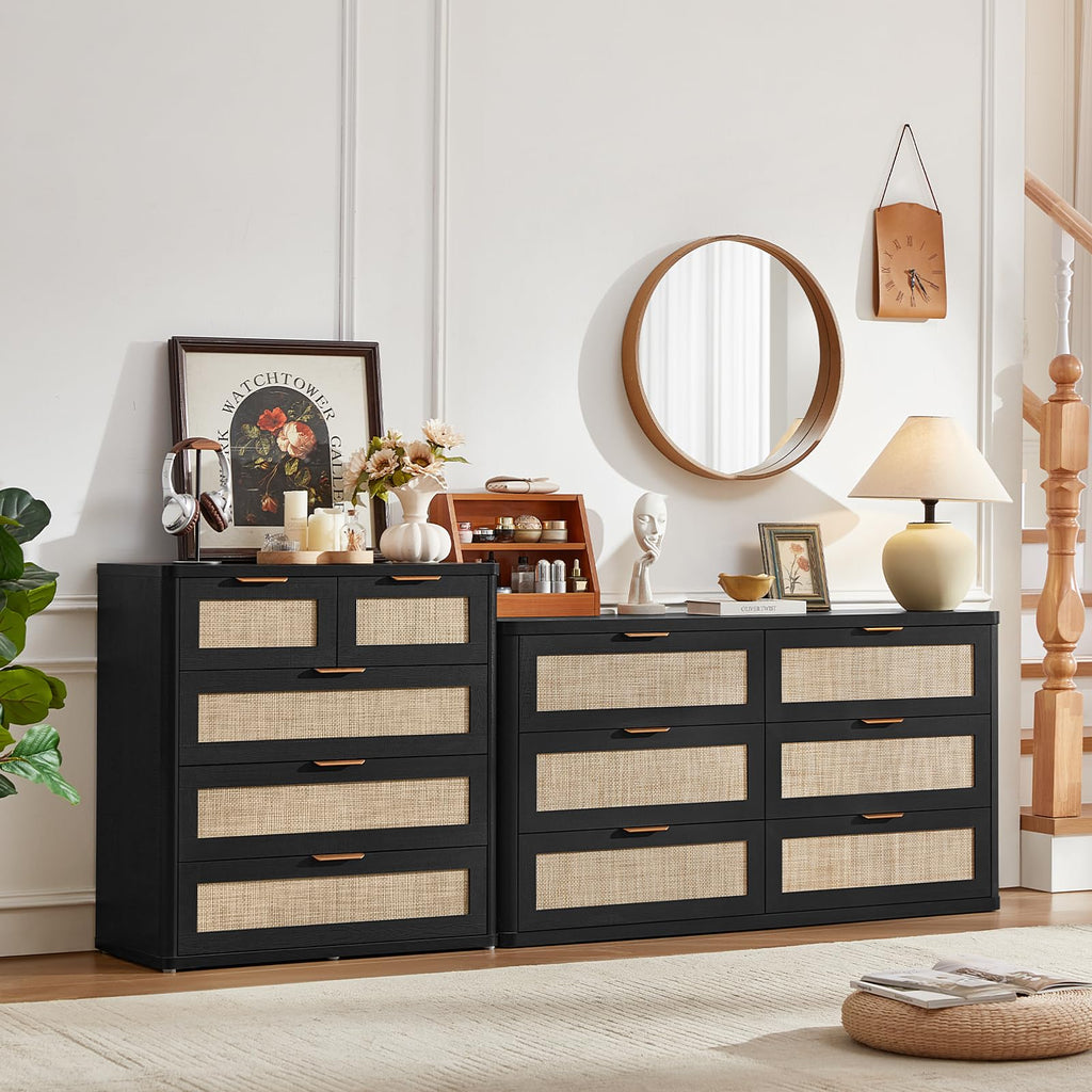 Rattan Dresser Set of 2, 33.5" Tall Chest of Drawers, Modern 5 Drawers Boho Dressers with Storage, Light Oak Dresser
