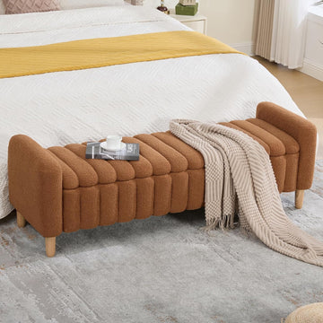 63.4" Storage Ottoman Bench, Flip-Top End of Bed Bench (Caramel) | Teddy Upholstered Entryway Bench, Channel Tufted