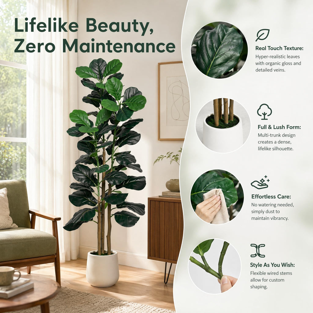 5FT Faux Fiddle Leaf Fig Tree with White Planter Pot, Fake Tree with 3 Trunks, Faux Floor Plant, Indoor and Outdoor