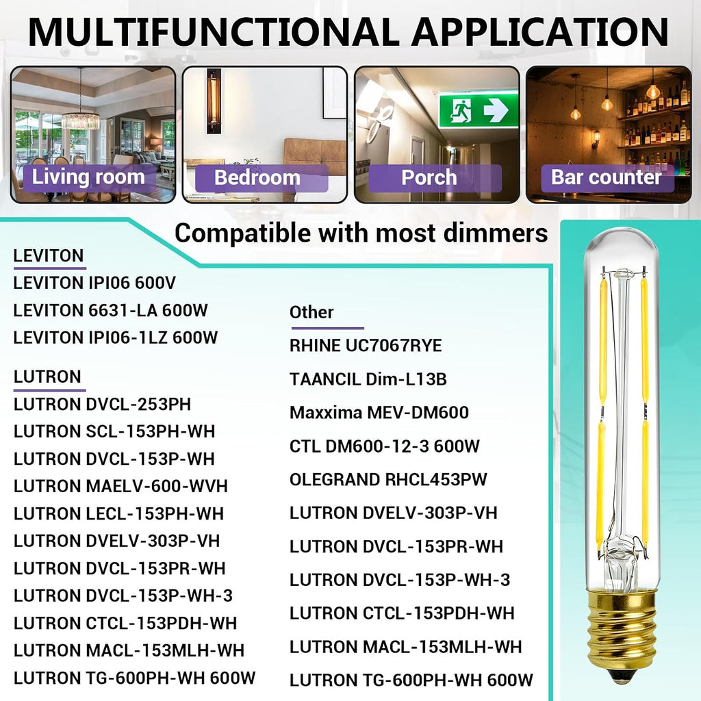 6 Pcs E17 T6.5 Dimmable 4W LED Tubular Filament Bulb for Exit Sign Light