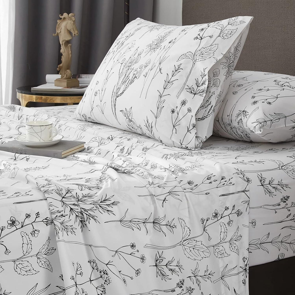 Floral Bed Sheets King, 18 inches Deep Pocket Sheets 1800 Thread Count, Black and White Leaf Sheet Set Soft