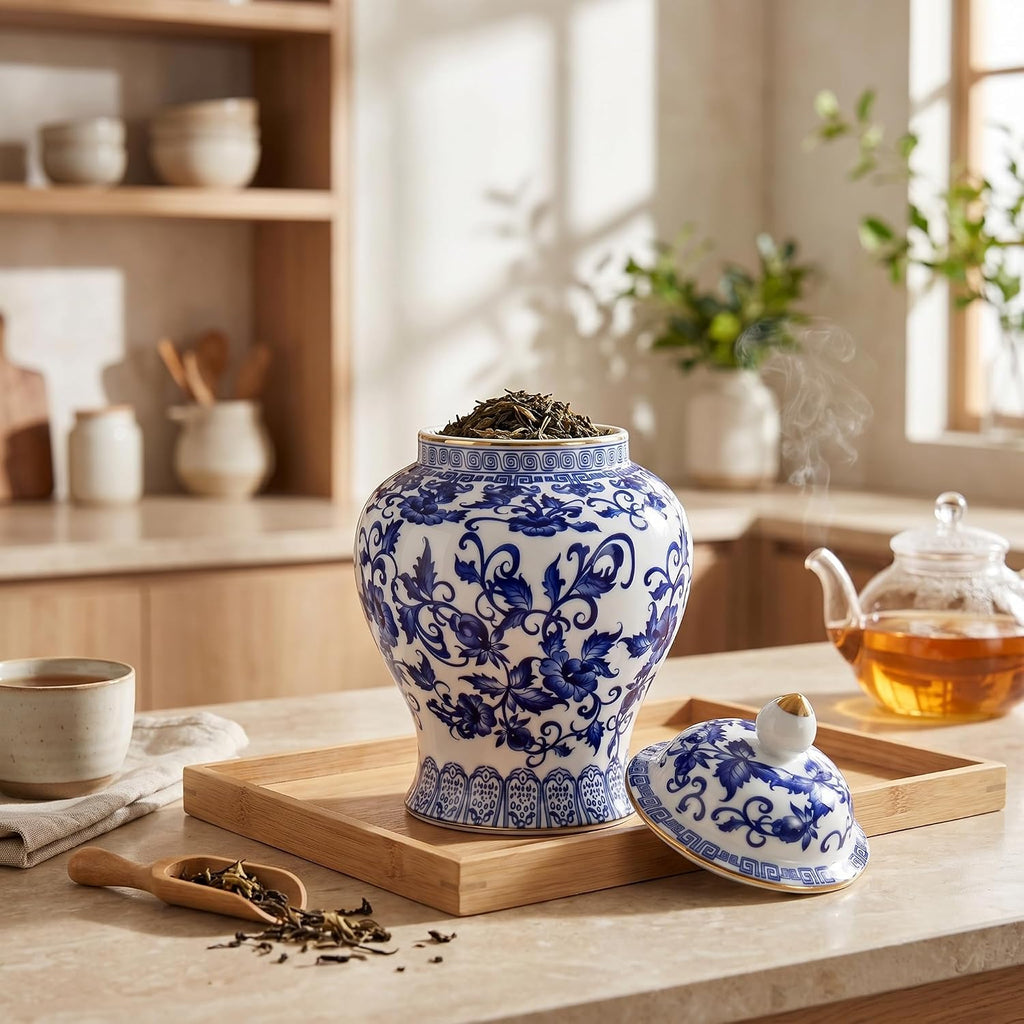 Blue and White Vase, Chinoiserie Decor Ginger Jar, Ceramic Jar with Lid, Decorative Jars, Blue and White Decor (Blue - Set of 30