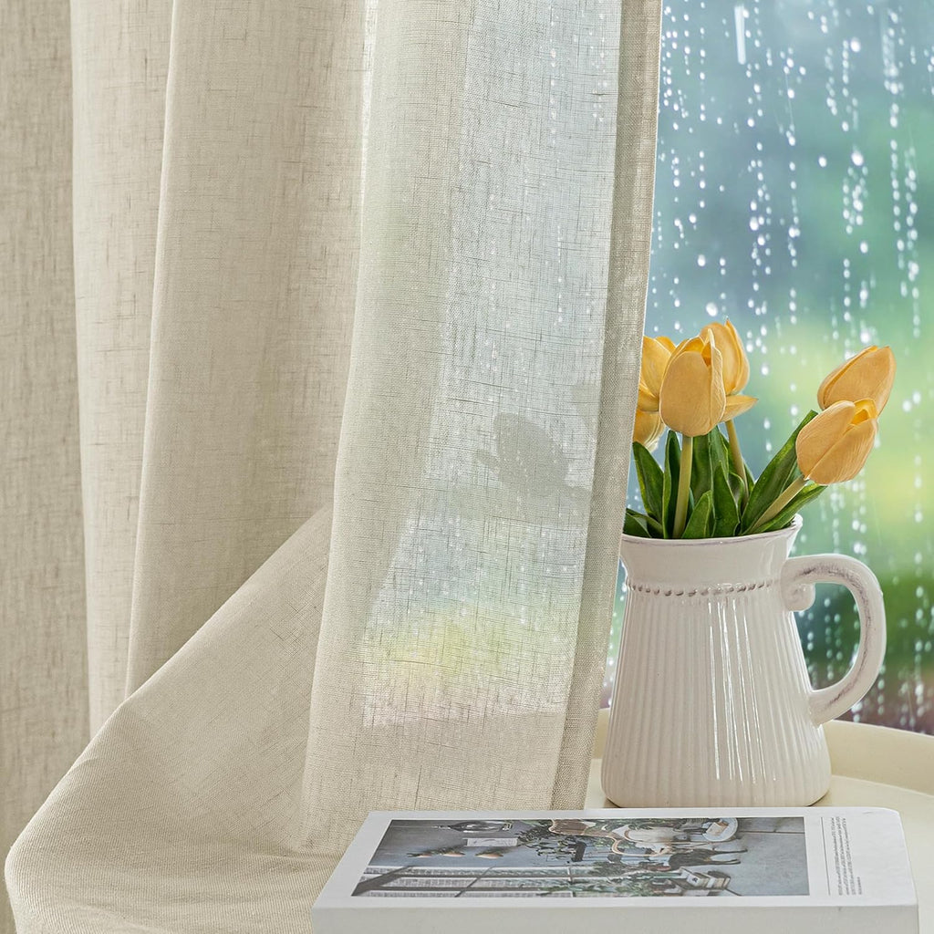 Semi Voile Beige Sheer Outdoor Curtains 4 Pcs 54x84 In | Light Filtering Grommet Top Faux Linen Outdoor Dining