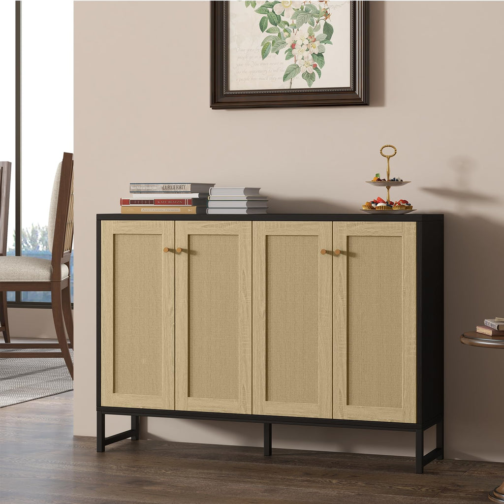 Sideboard Accent Storage Cabinet with Rattan Decorated 4 Doors Dining Room Freestanding Kitchen Buffet Table Cupboard