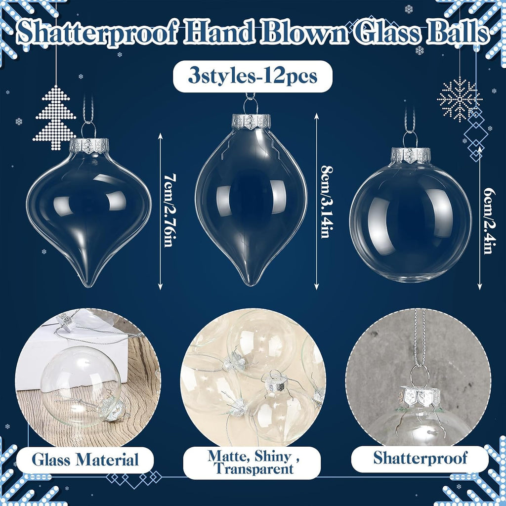 Clear Glass Christmas Ball Ornaments Set 3.15" - Set of 12