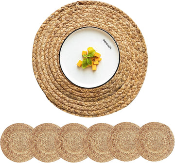 Woven Placemats Round Placemats, 13.5 Inch Wicker Placemat Circle Rattan Placemats Farmhouse Boho Braided - Set of 6