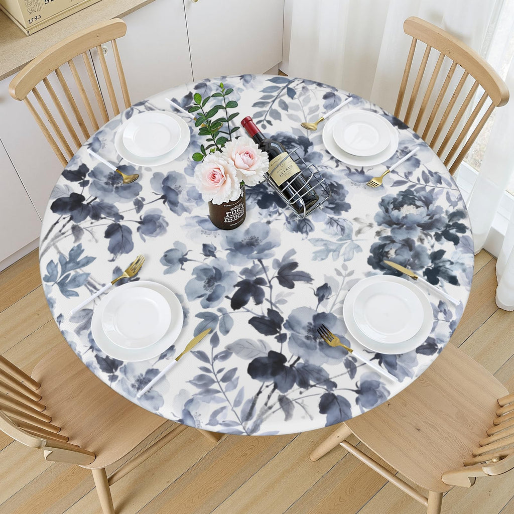 Sping Round Fitted Tablecloth Best for 48"-52" Navy Blue Floral Table Cloth Elastic Edge Washable Farmhouse Rustic