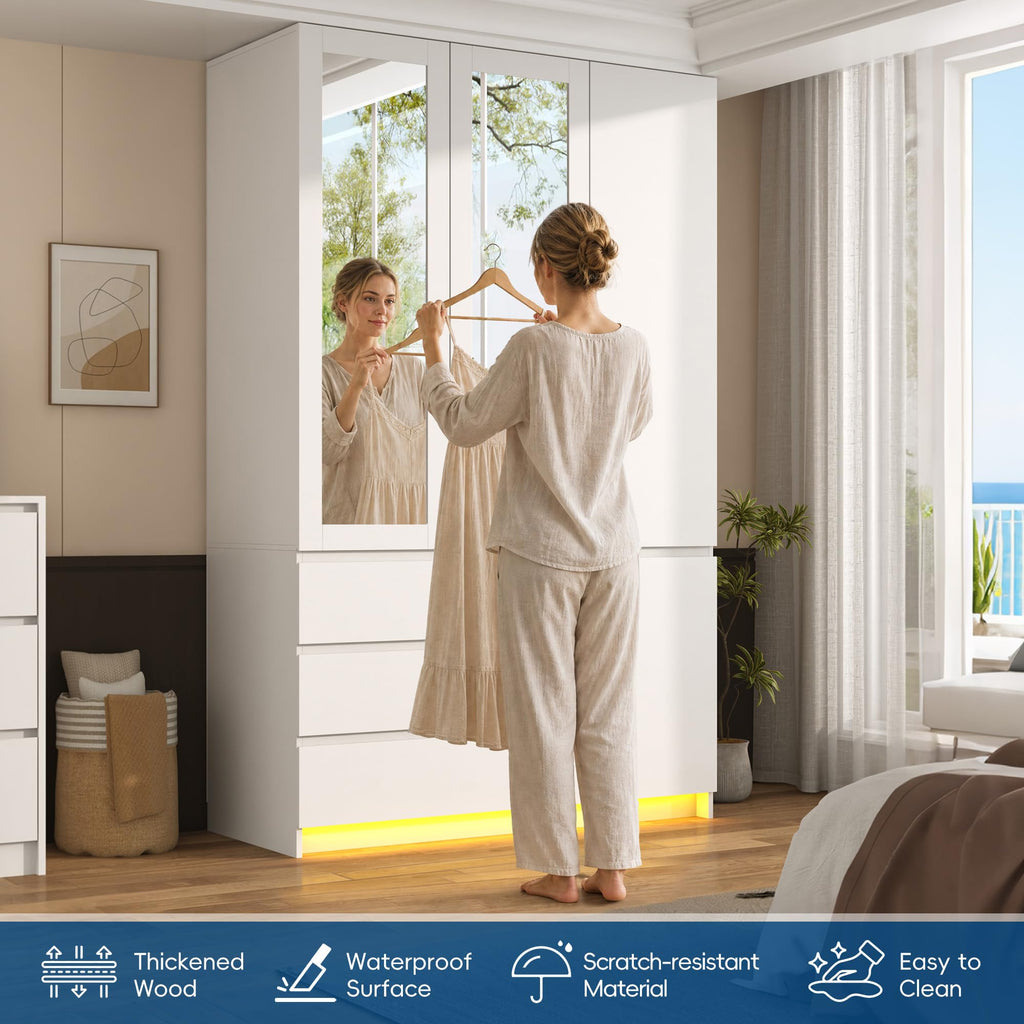 75" Tall Modern Wardrobe Closet with 2 Mirrors, LED Lights, 47"W Armoire Wardrobe Cabinet with 3 Drawers, Hanging