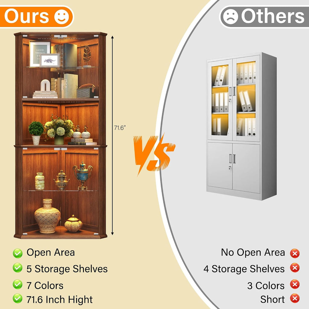 72" Corner Curio Cabinet with RGB LED Lights, 6-Tier Glass Display Cabinet with Adjustable Shelves, Lighted Corner