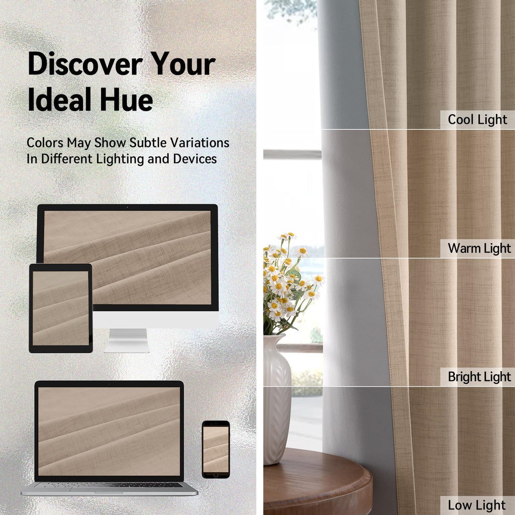 Blackout Linen Curtains 63 Inch Long 2 Panels Set, Burlywood Birch