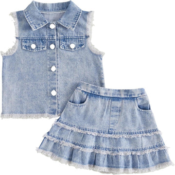 Denim Skirt Set Toddler Girl Jean Jacket Button Down Top and Ripped Jean Skirt Western Clothes Cowgirl Outfit
