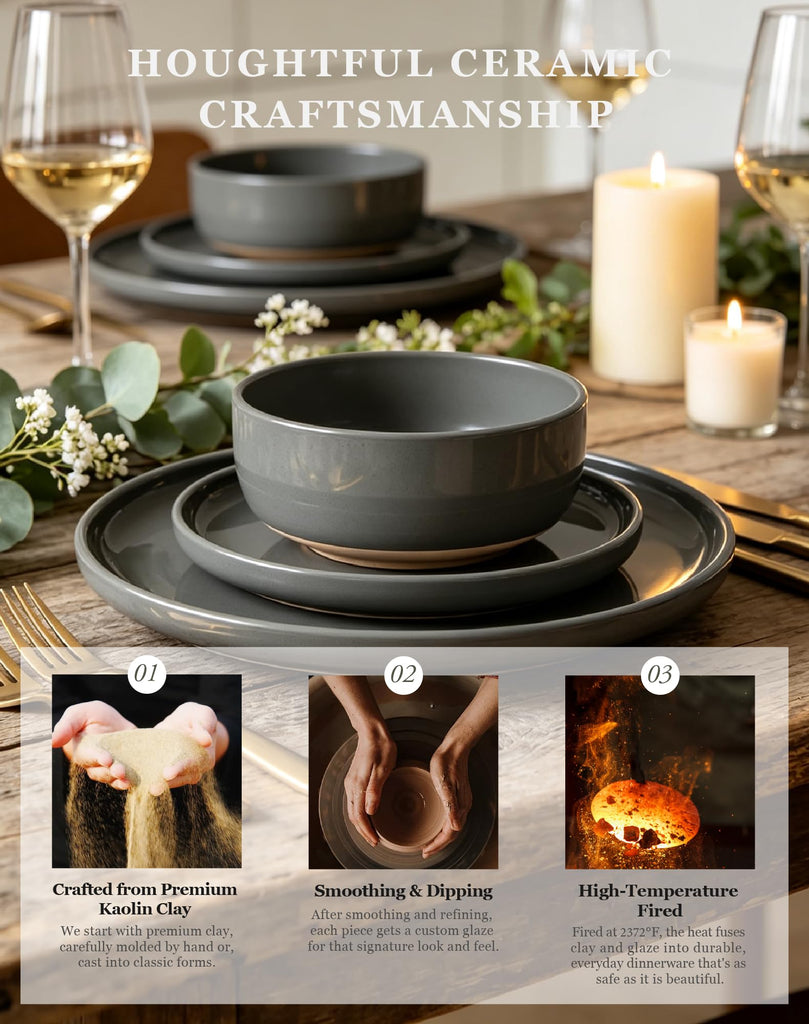 16-Piece Gray Stoneware Dinnerware Set for 4 with Mugs, Plates and Bowls Sets with Partially Unglazed Base, Scratch