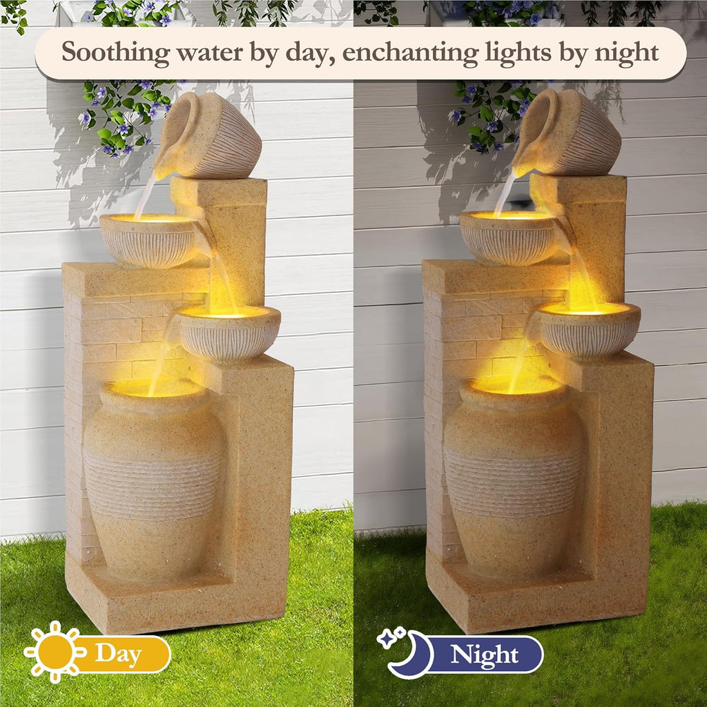 Outdoor Water Fountain, 4 Tiered Waterfall Fountains with LED Lights, Garden Bowl Waterfalls