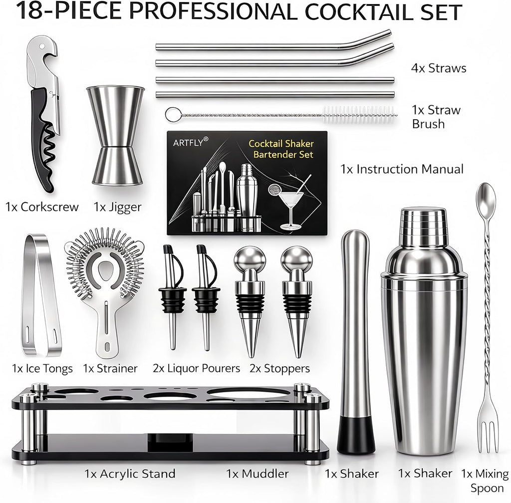 Cocktail Shaker Set, 18-Piece Bartender Kit with Stand, Bar Tool Set - Set of 18