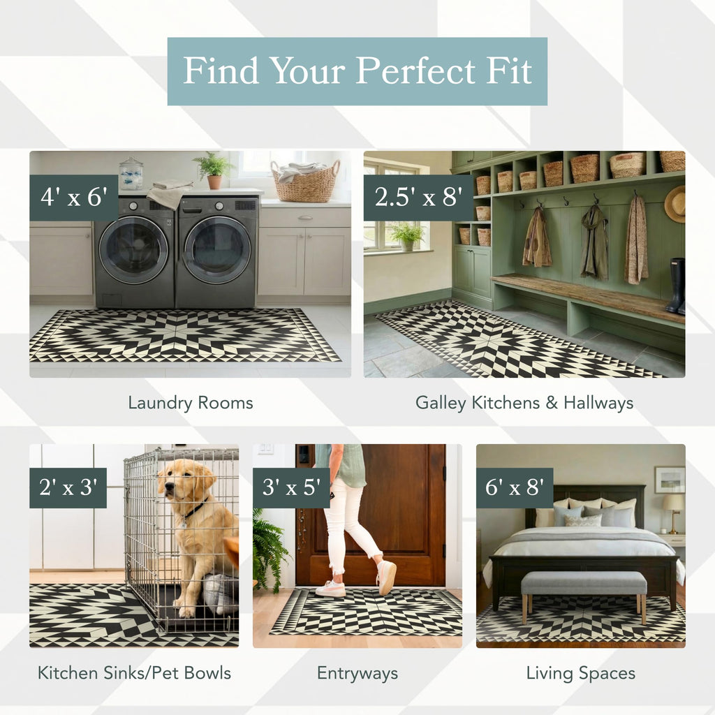 Vinyl Floor Mat - Black Geometric Pattern - Waterproof Non-Slip Kitchen Rug - Hard Floor Safe - Eco-Friendly