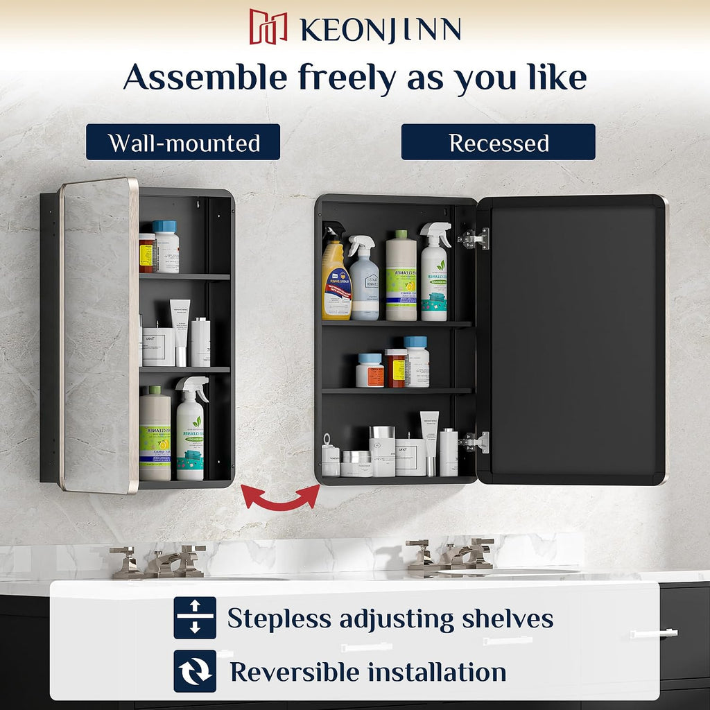 16"x24" Recessed Medicine Cabinet with Mirror, Brushed Nickel | Stainless Steel Framed, Adjustable Shelves, Recessed