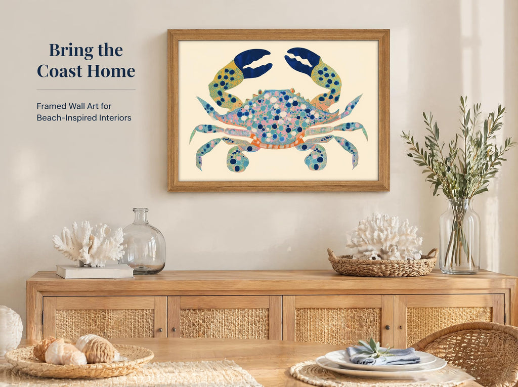 Solid Wood Framed Watercolor Blue Coastal Crab Canvas Wall Art