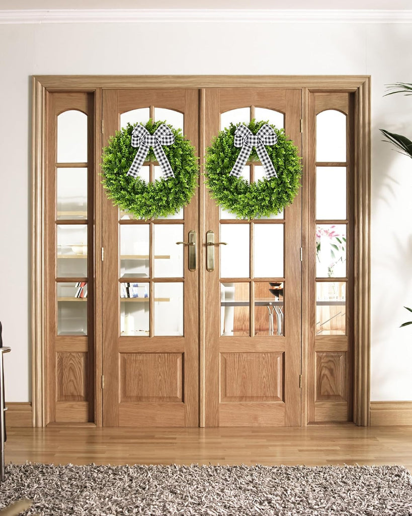 20" Boxwood Wreath for Front Door with Sash & Plaid Bow, Full Lush Artificial Greenery Wreath for Spring Summer