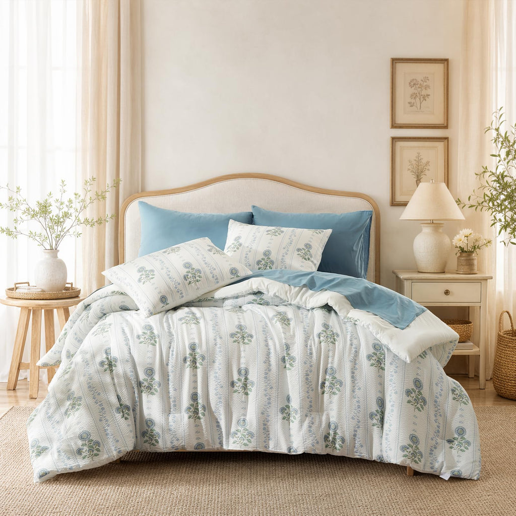 Comforter Set 3 Pieces Bed Set Seersucker Bed in a Bag Dirty Blue