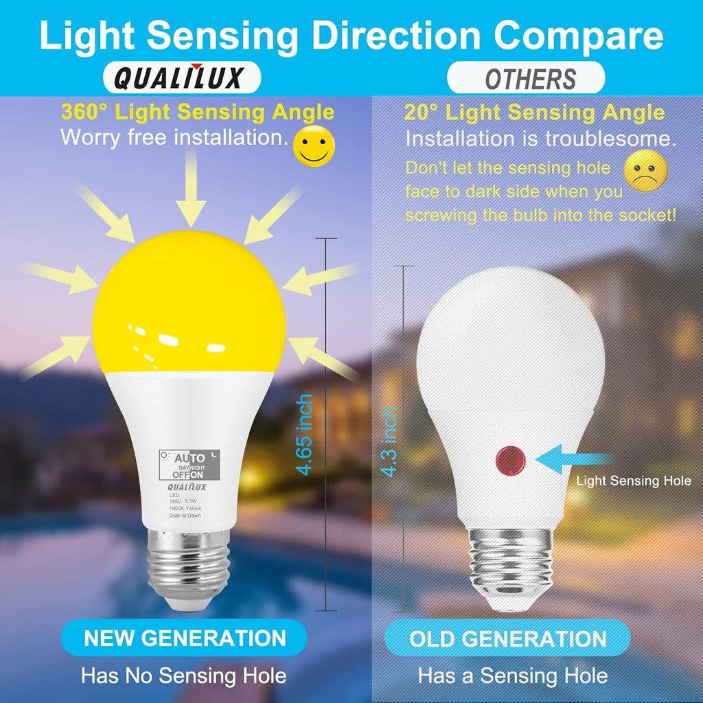 Dusk to Dawn A19 LED Bug Light Bulbs Outdoor, 1900K Amber Yellow, 600 Lumen, LED 9.5W, E26, 2-Pack, HQ-H017