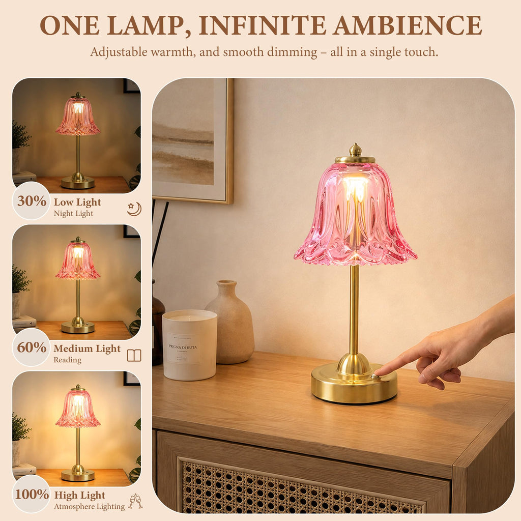 Cordless Table Lamp, Rechargeable Battery Operated Flower Touch Lamp, Pink