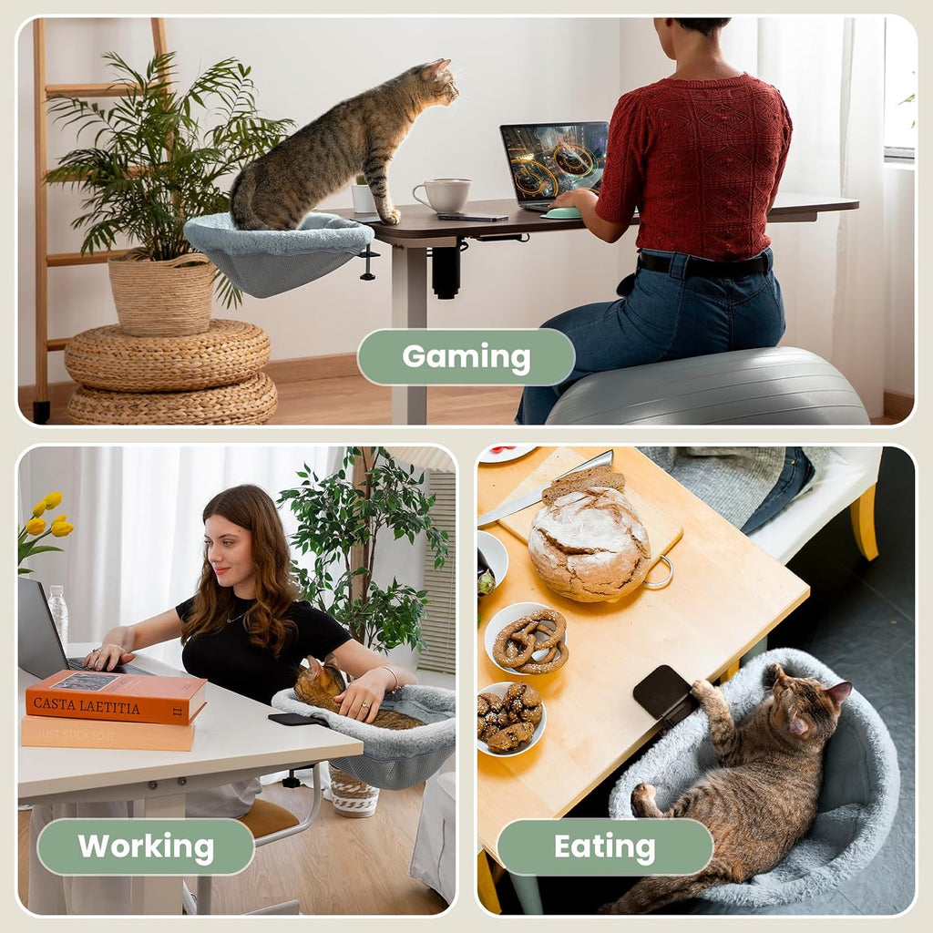 Cat Desk Bed - One-Click Folding, Sunken Design & Space-Saving Semi-Circular Cat Bed, Soft Faux Rabbit Fur Material