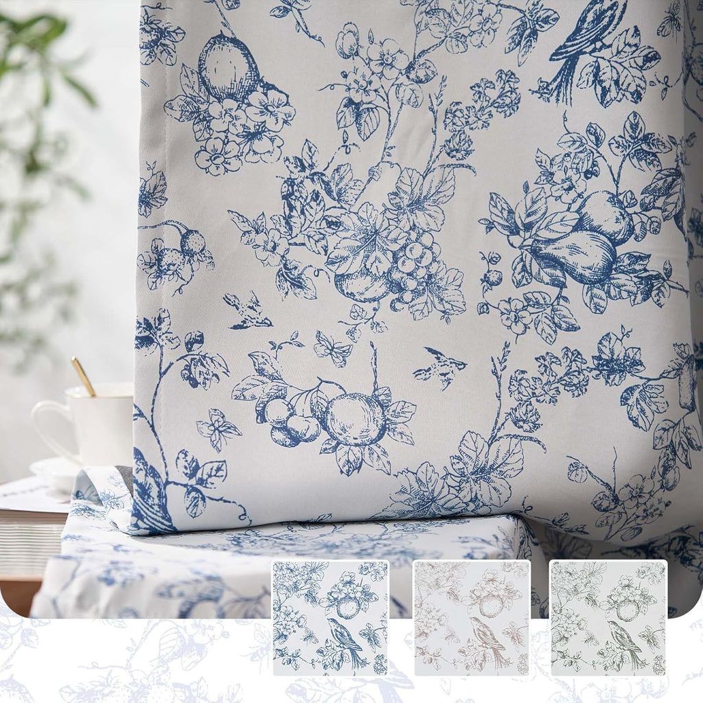 Blue 100% Blackout Curtains for Bedroom 96 Inch Length, Country Flower Floral Curtains for Living Room Toile