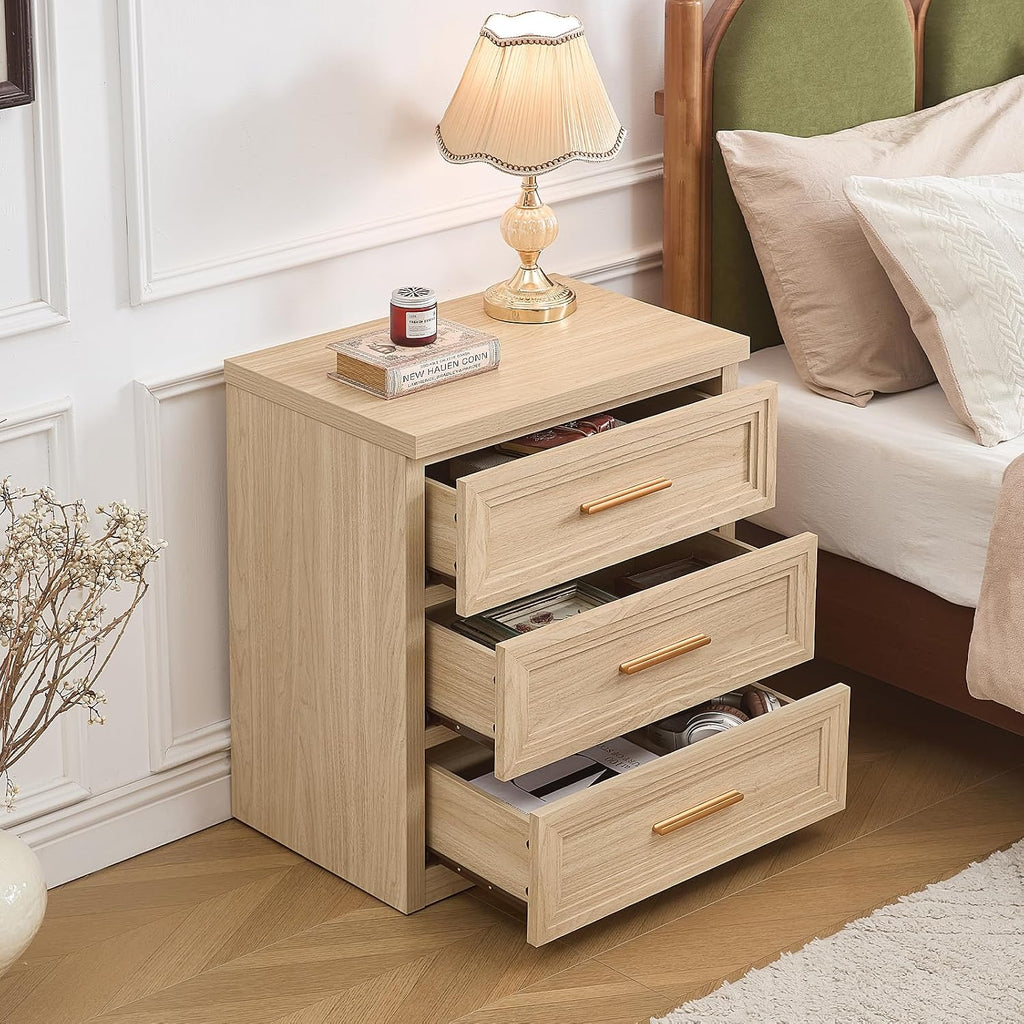 Night Stand with 3 Drawer 26" Fluted Wooden Tall Nightstand Metal Handle Living Room Bedside Table Modern Style