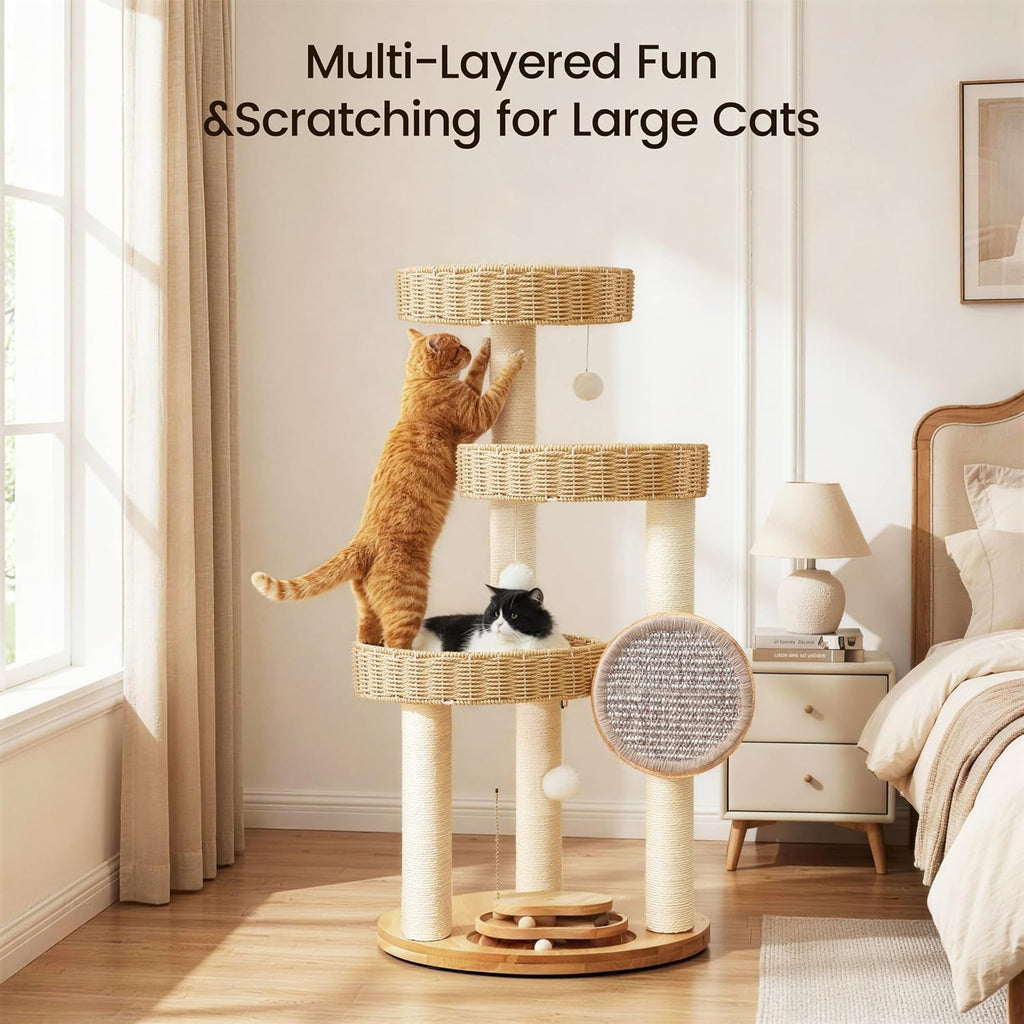 Cat Tree Tower for Large Cats, 48-Inch Solid Wood Cat Condo