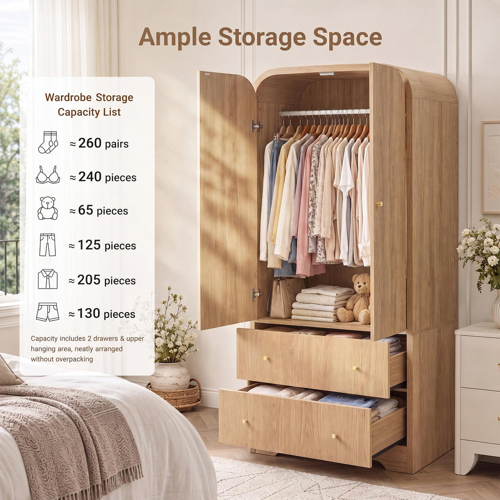 Arched Armoire Wardrobe Closet, 70" Wooden Wardrobe Cabinet with 2 Drawers, Hanging Rod, 2 Doors Clothing Storage