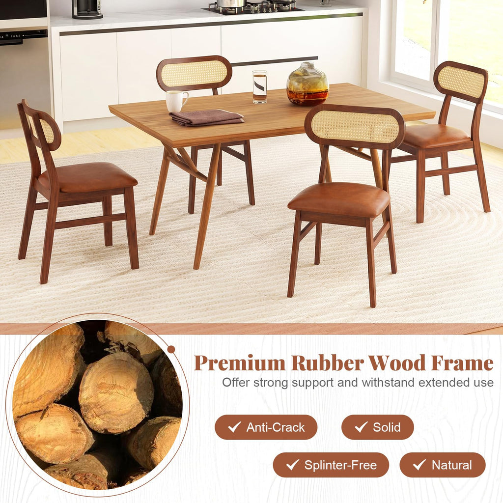 Wooden Dining Chairs Set of 2, Mid-Century Modern Kitchen Chairs with Upholstered Seat & Rattan Backrest, Faux