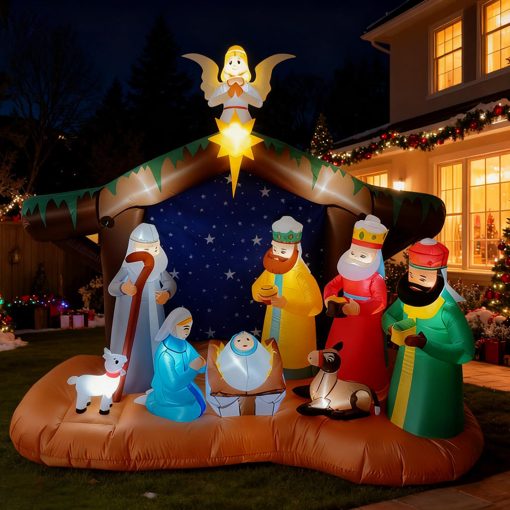 8FT Christmas Inflatables Nativity Scene Outdoor Decorations, Blow Up Yard Decor with Built-in LED Lights, Xmas