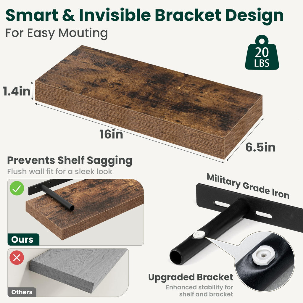 1.5" Thick Floating Shelves for Wall, 16"x6.5" Wall Mounted Shelf, Wall Storage Shelf, No Sag, Easy Install Wood Grain