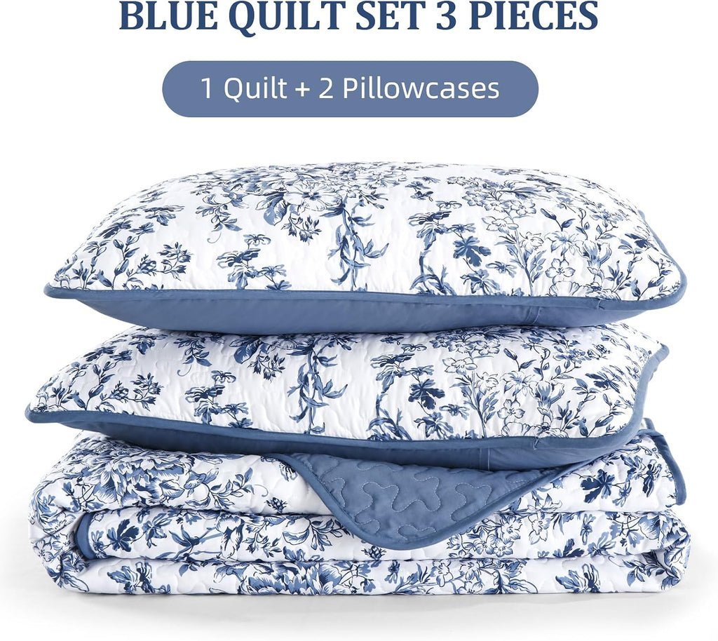 Quilt Queen, Blue Quilt Bedding Set with 2 Pillowcases, Botanical Quilts for Queen Bed, Soft Microfiber Lightweight