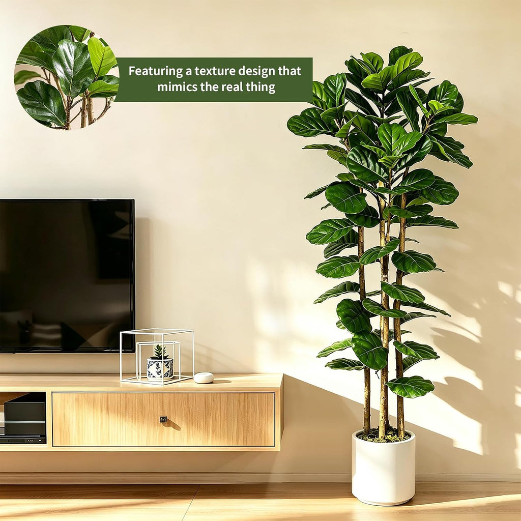 6 ft Artificial Fiddle Leaf Fig Tree, Tall Faux Ficus Lyrata Tree with White Planter Home Decor Office Living Room