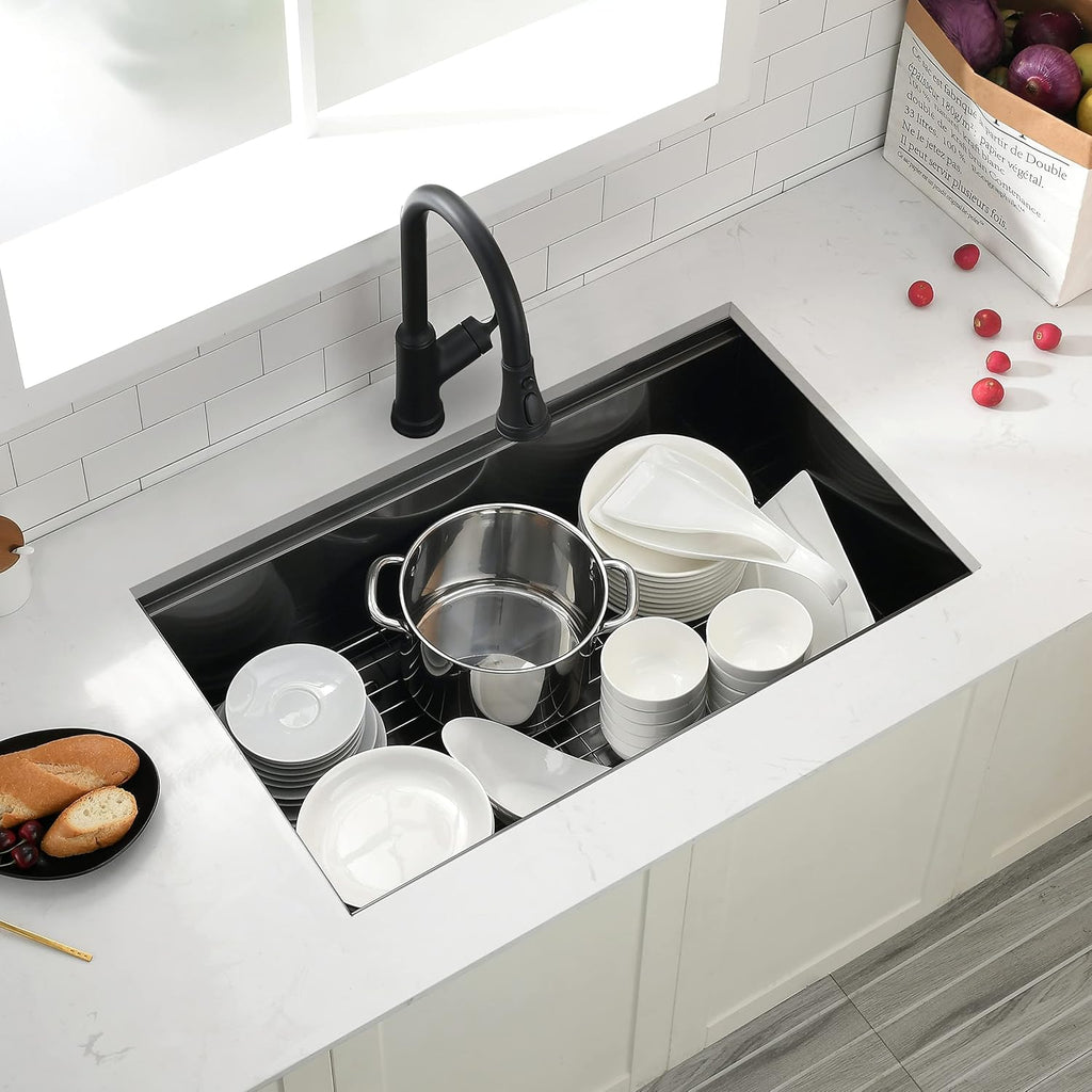 32x19 Black Undermount Kitchen Sink, 32 Inch 16Gauge Black Stainless Steel Undermount Kitchen Sink, Single Bowl