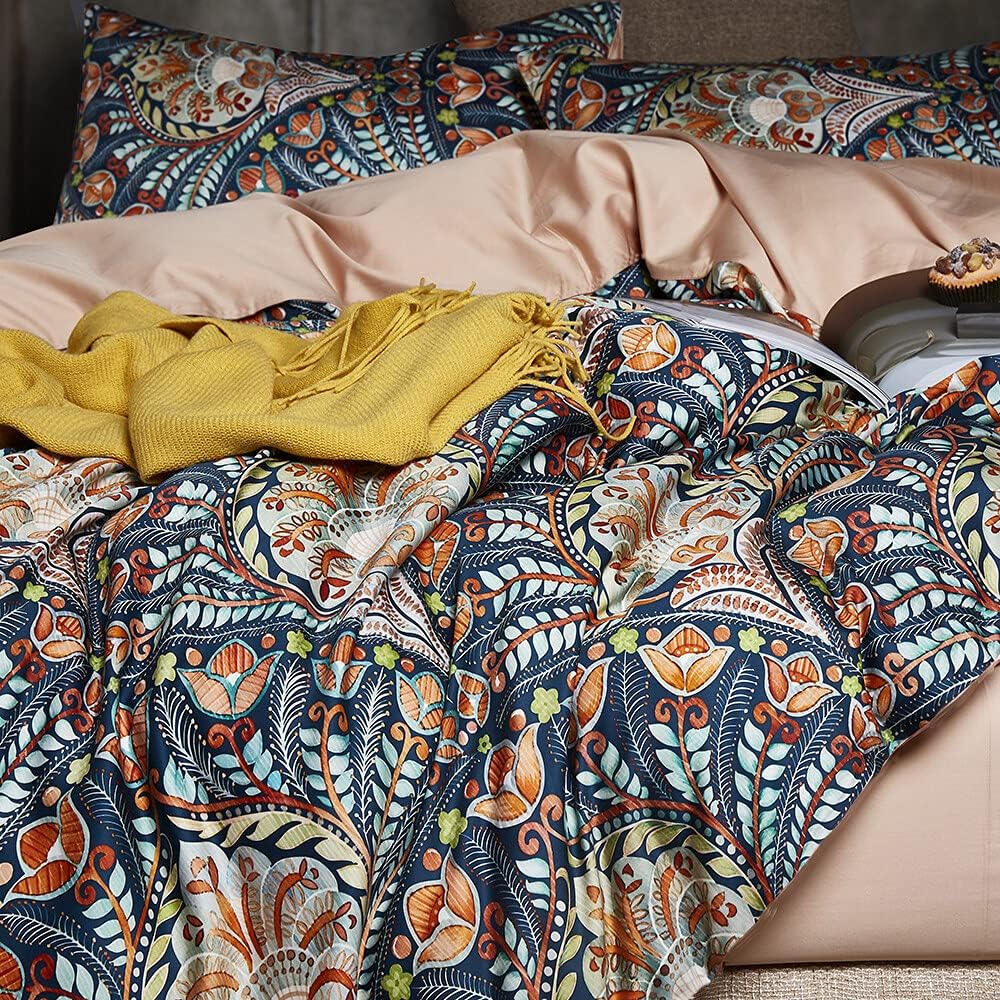 King Duvet Cover Set - 3pc Dark Navy Paisley Boho Bedding - Luxury Art Deco Floral Botanical Print, Soft Microfiber