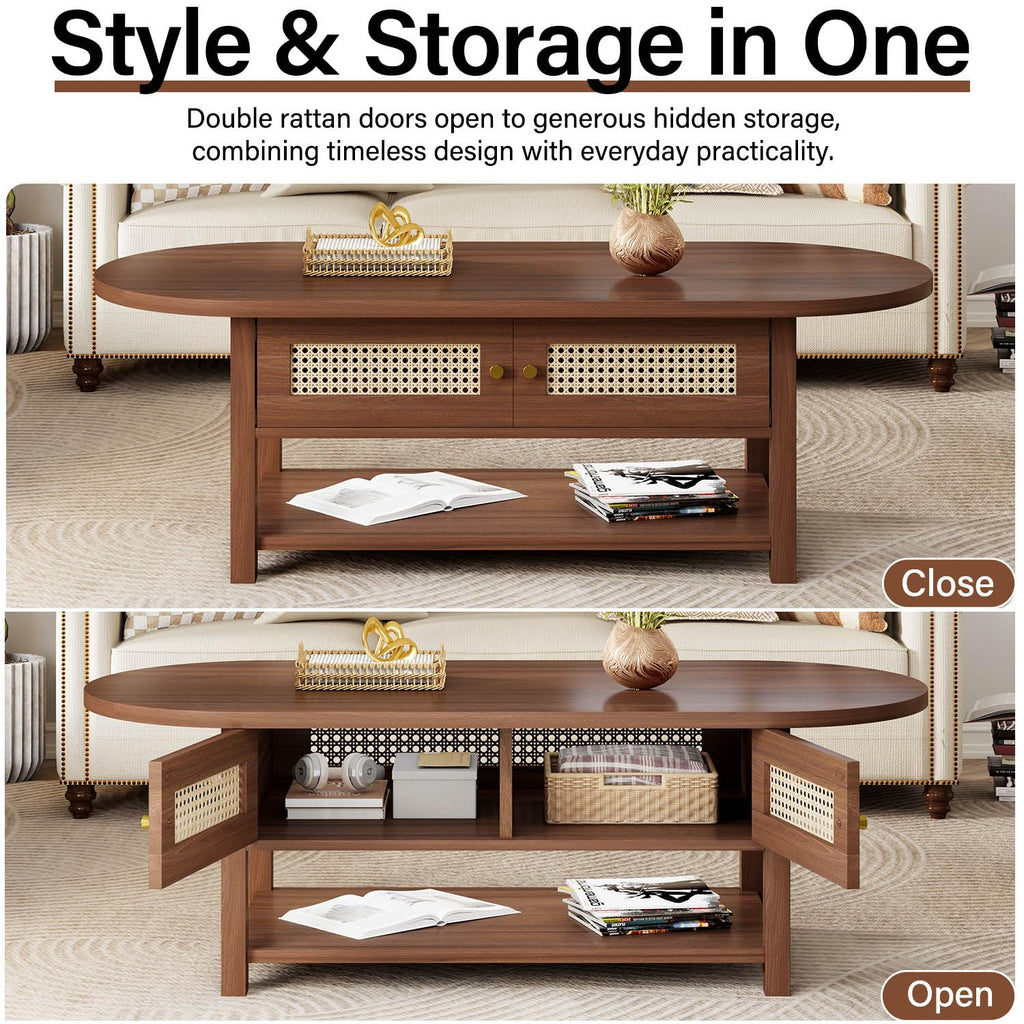 Oval Coffee Table, 47" Rattan Boho Wood Living Room Table with Storage