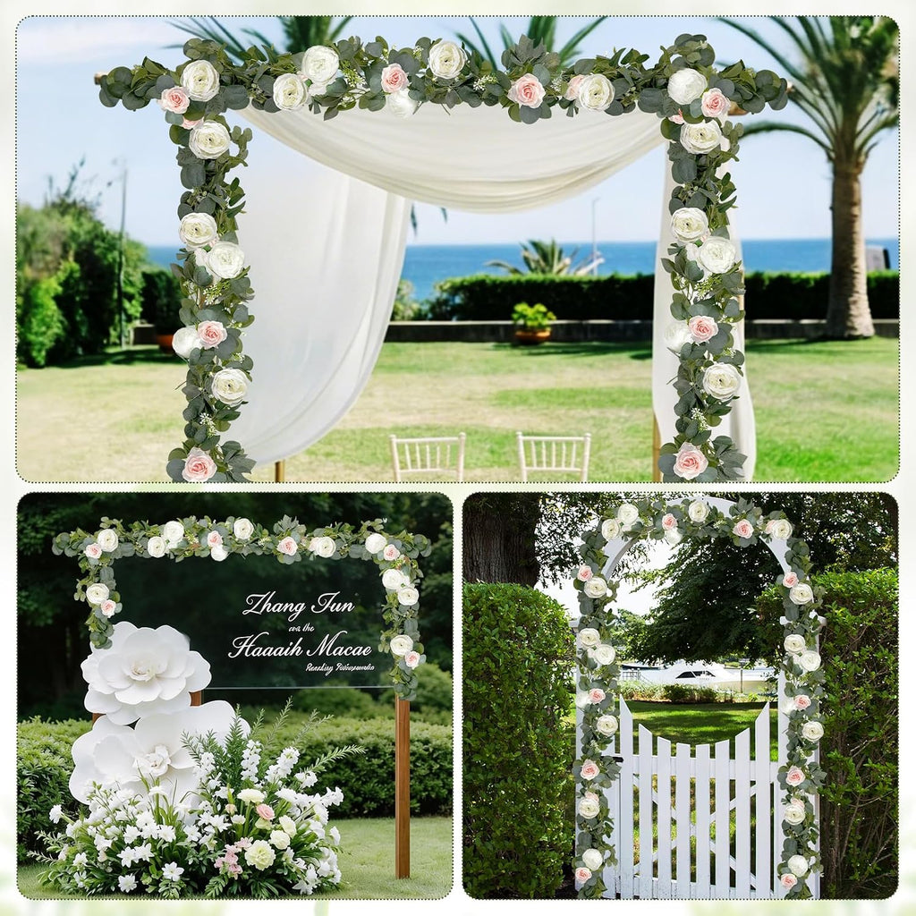 Eucalyptus Garland Flower Garland , 6FT Pink Peony Rose, Artificial Faux Eucalyptus Leaves Greenery Vines - Set of 2