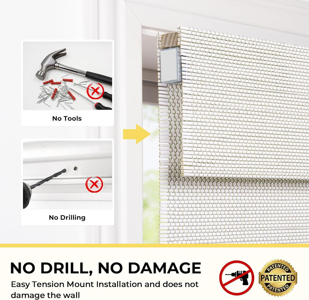 No Drill Cordless Bamboo Roman Shades, 33.5×64 in, Off White | Natural material, Light Filtering, Easy Install