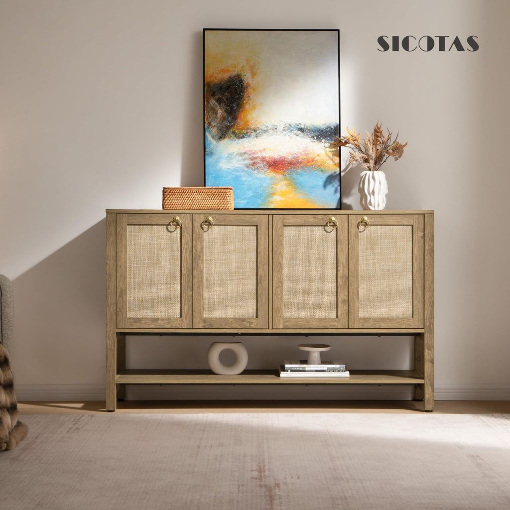 Boho Sideboard Buffet Cabinet with Rattan Doors, Storage Credenza