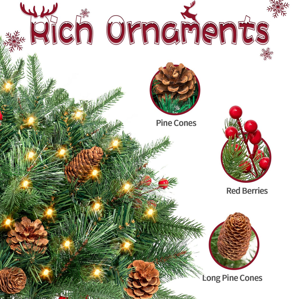 Outdoor Christmas Tree Frosted Urn Filler 2 Set, Pre-lit Artificial Xmas Tree with Cones & Red Berries, Small